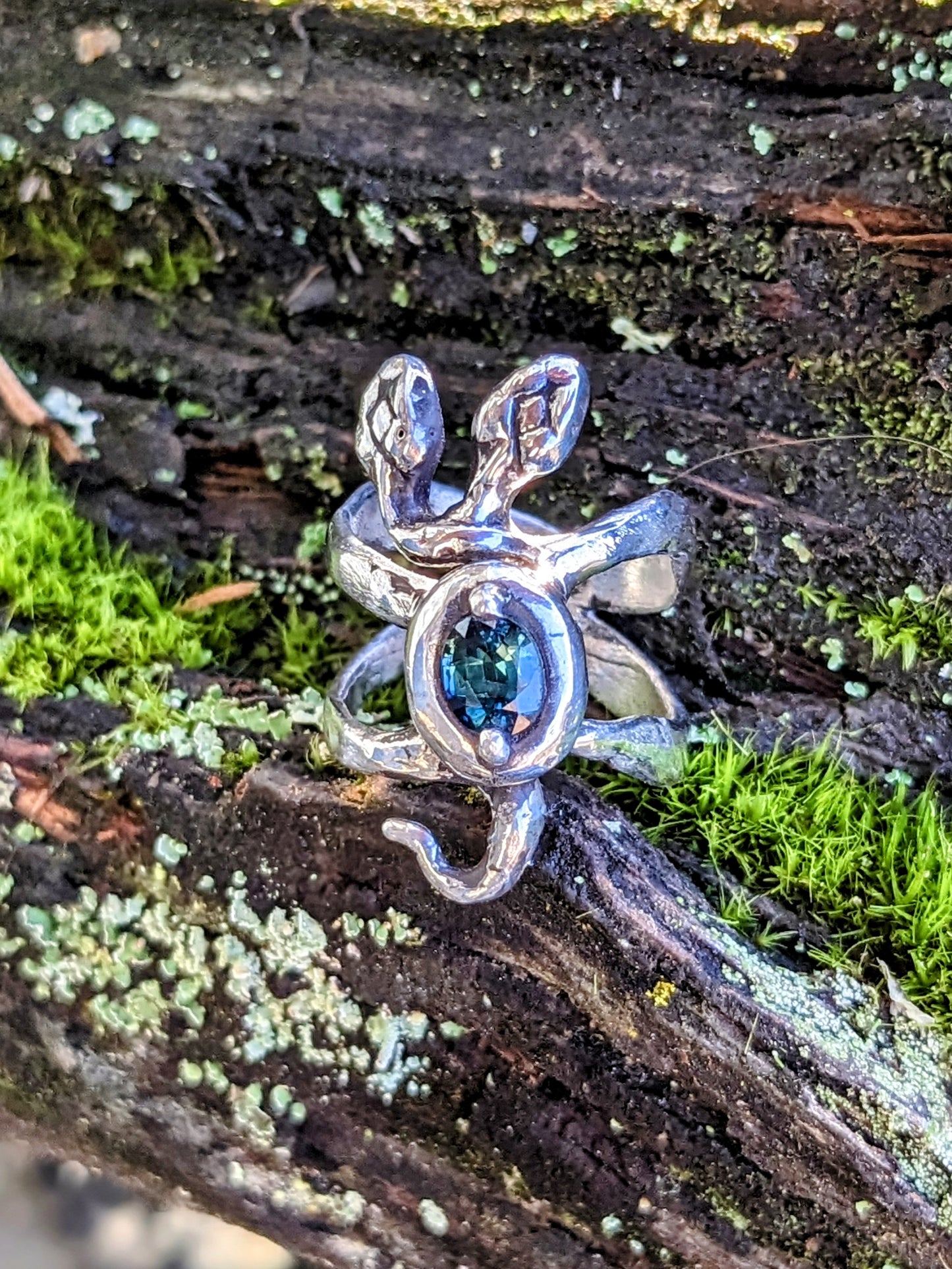 Two Headed Snek, Sterling and Blue Green Sapphire, 5.