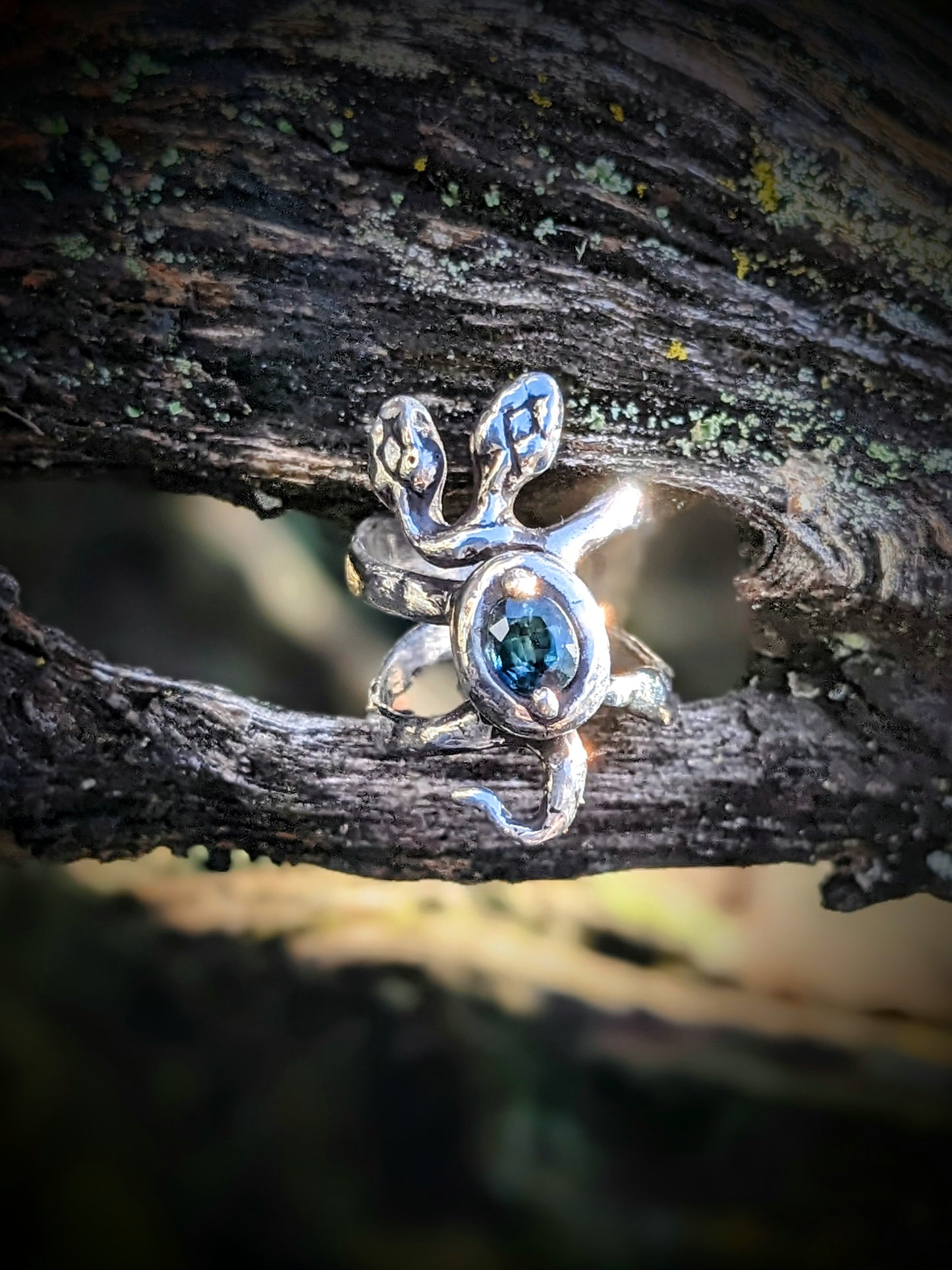 Two Headed Snek, Sterling and Blue Green Sapphire, 5.