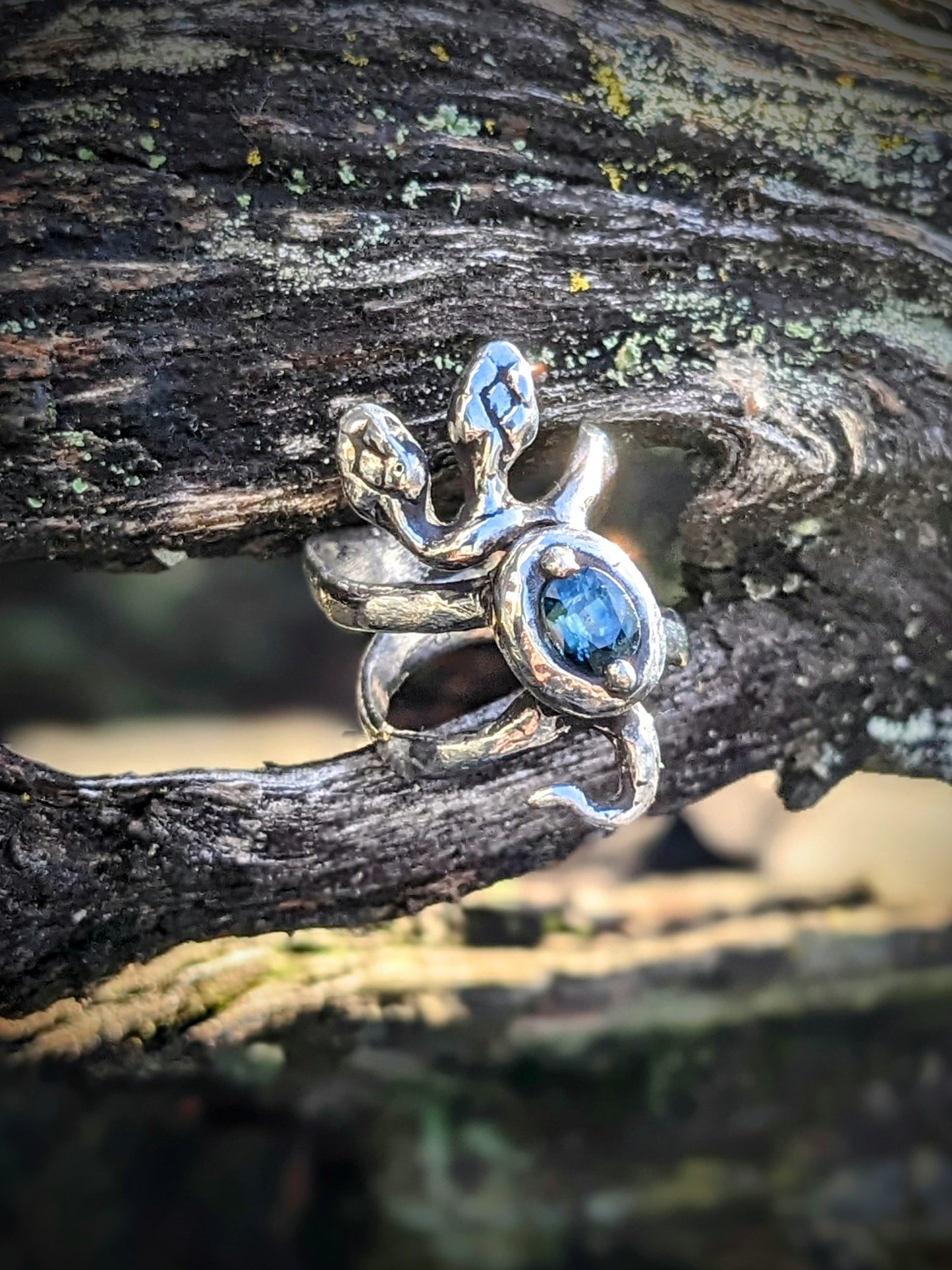 Two Headed Snek, Sterling and Blue Green Sapphire, 5.
