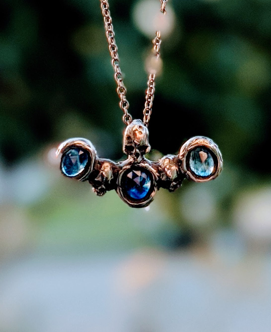 The Three Fates Necklace, Sterling and Blue/Green Sapphires