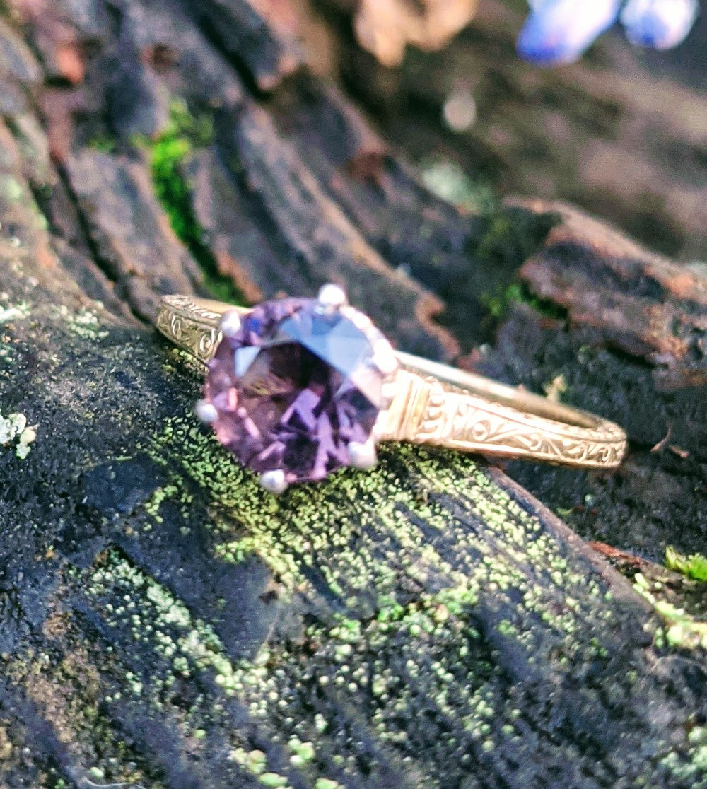Antique Purple Spinel Solid Gold Solitaire, Size 5.5