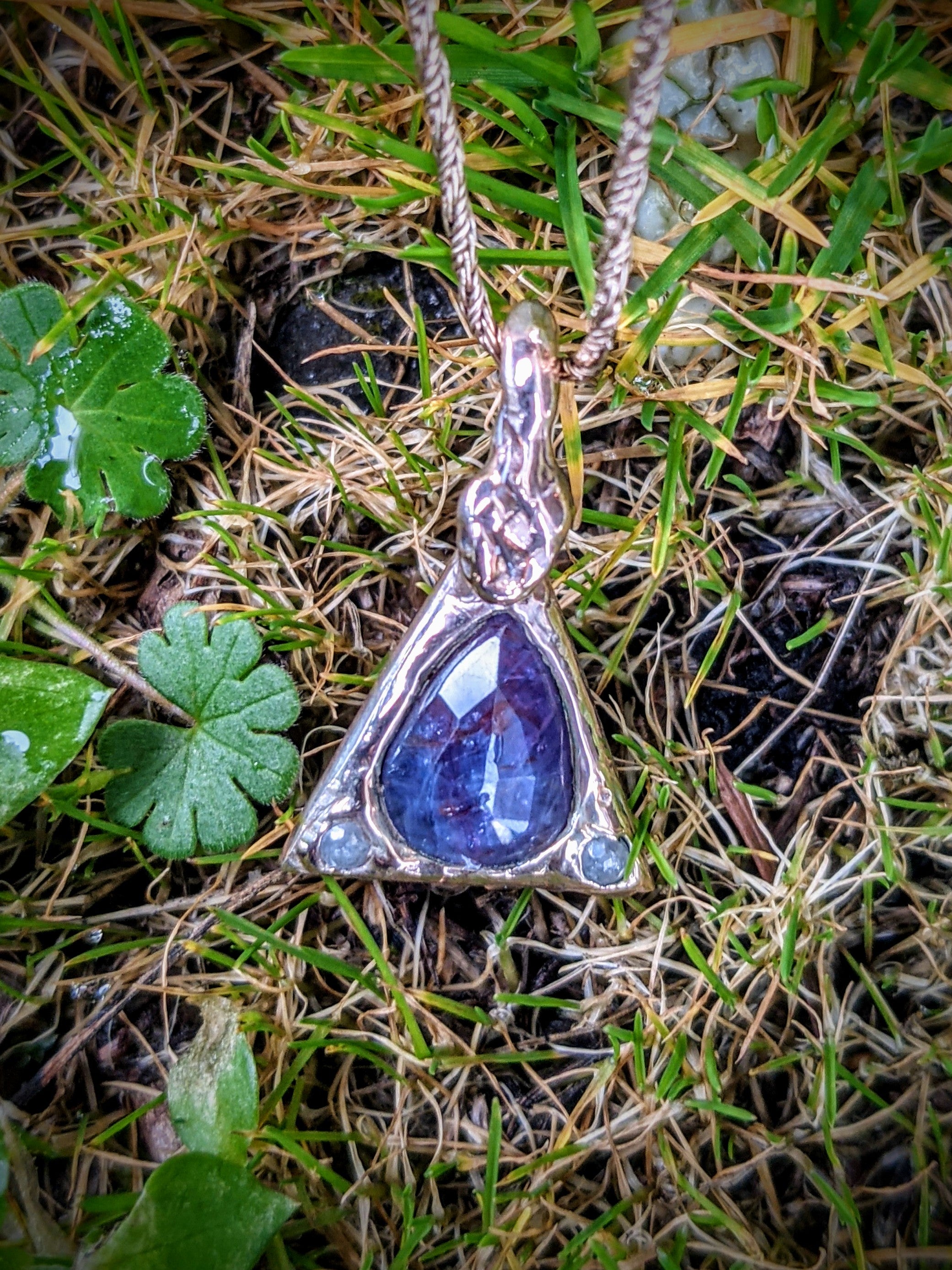 10k Gold Seiun Necklace, Purple Galaxy Sapphire and Gray Diamonds