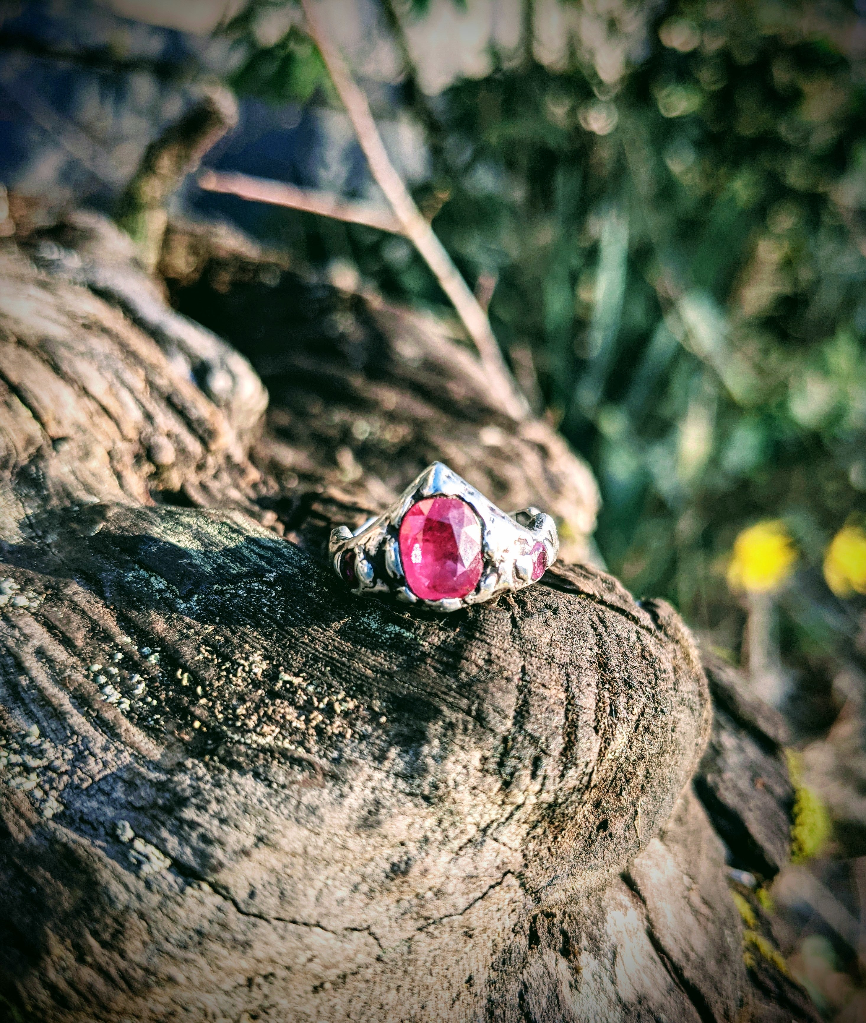 Big Al Ring, sculpted sterling silver with Pink sapphire and rubies, size 5.75