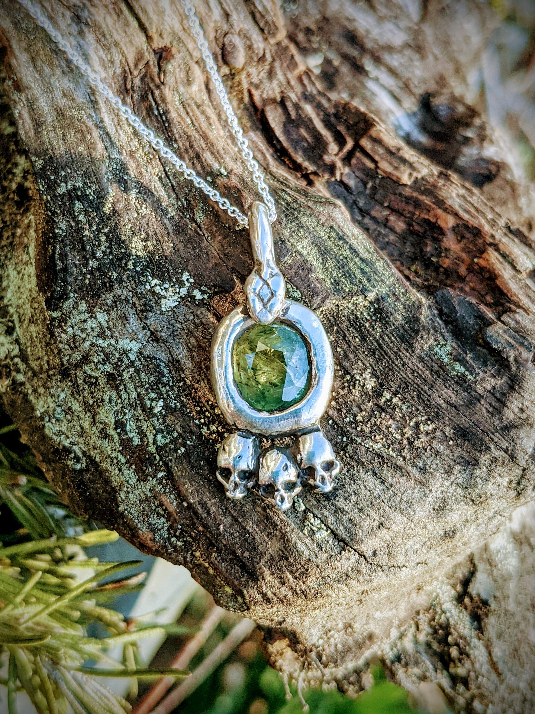 Hecate Necklace, Sterling Silver and Green Sapphire.