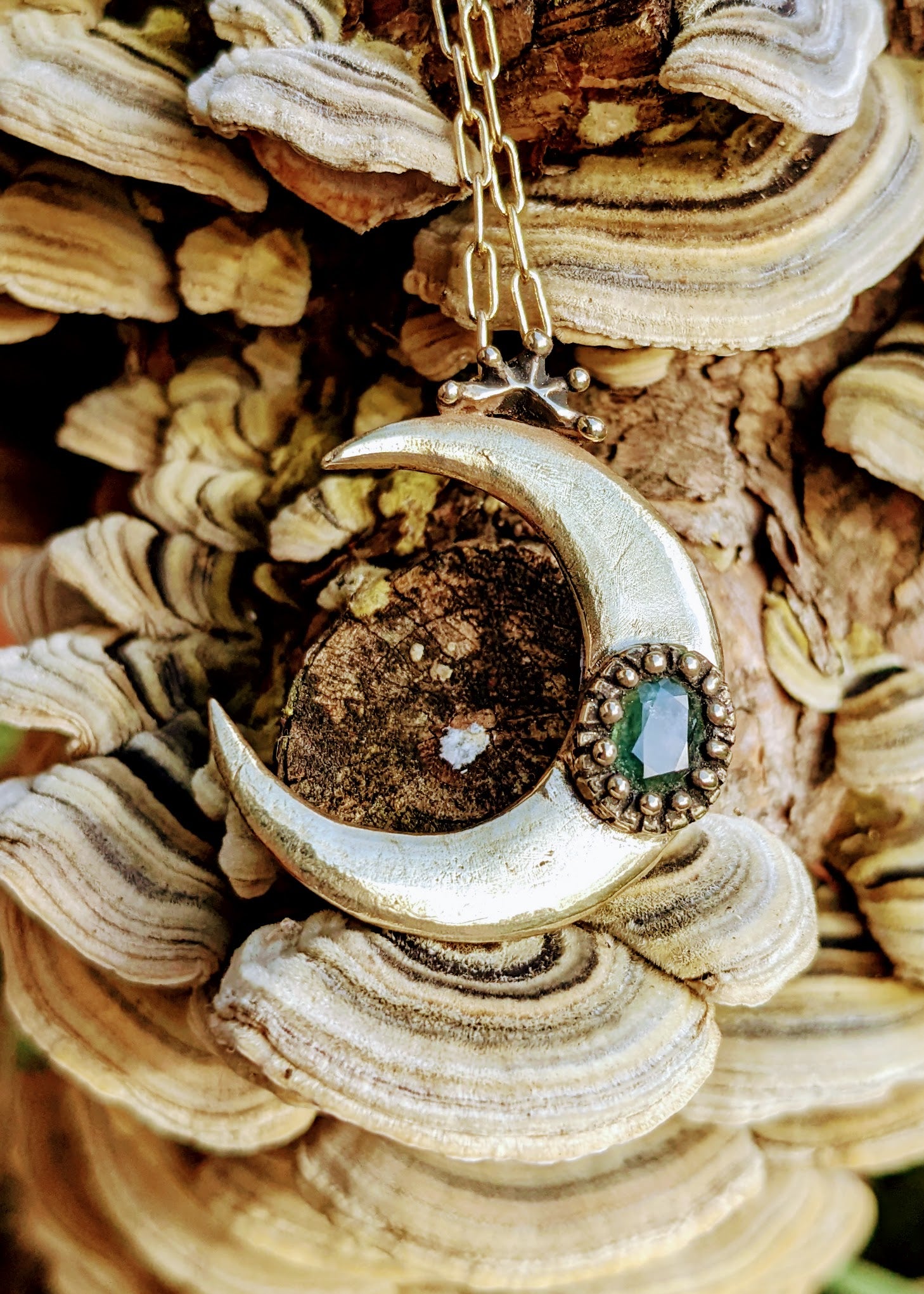Crowned Luna Necklace, Brass and Green Sapphire.
