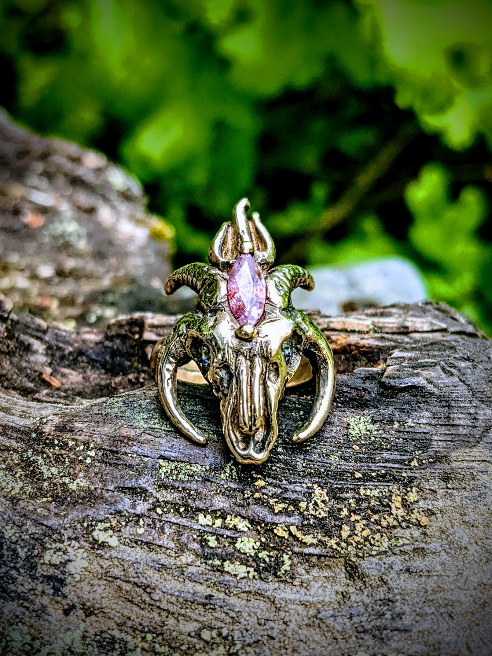 Holy Goat Ring, Moissanite, Pink Sapphire and Bronze. Size 7.