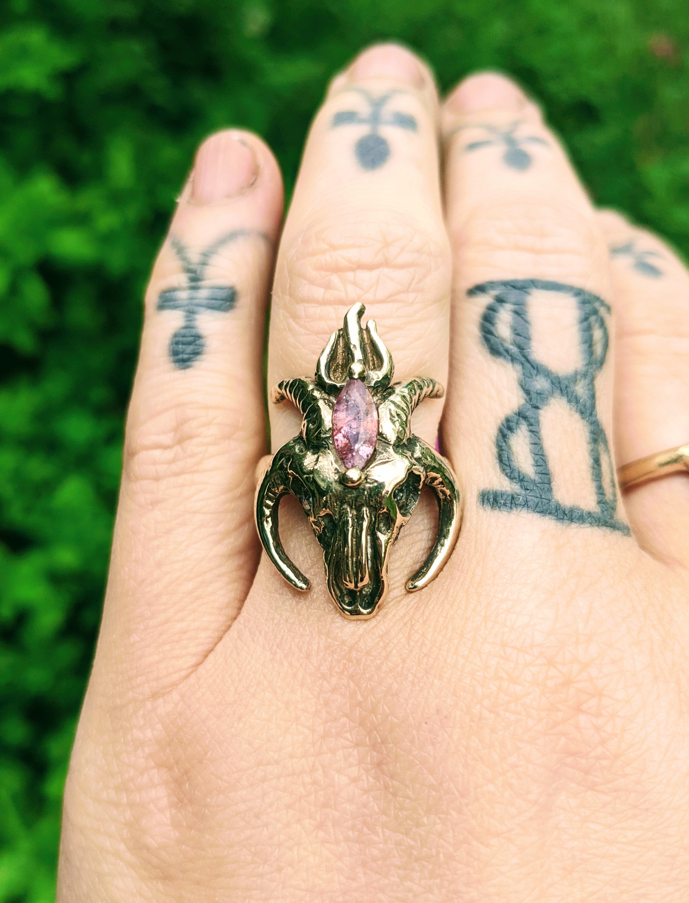 Holy Goat Ring, Moissanite, Pink Sapphire and Bronze. Size 7.