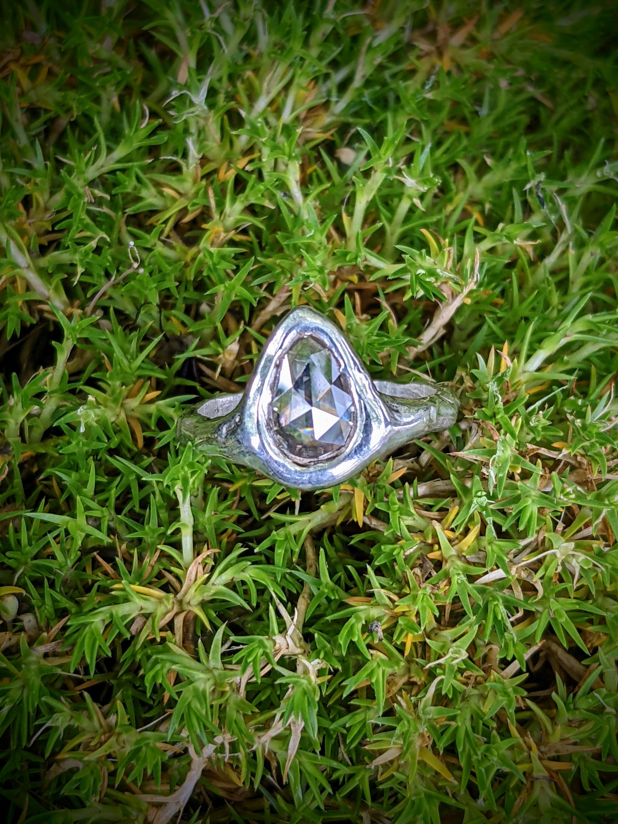 Teardrop Ring, Rose Cut Moissanite and Sterling, Size 6.
