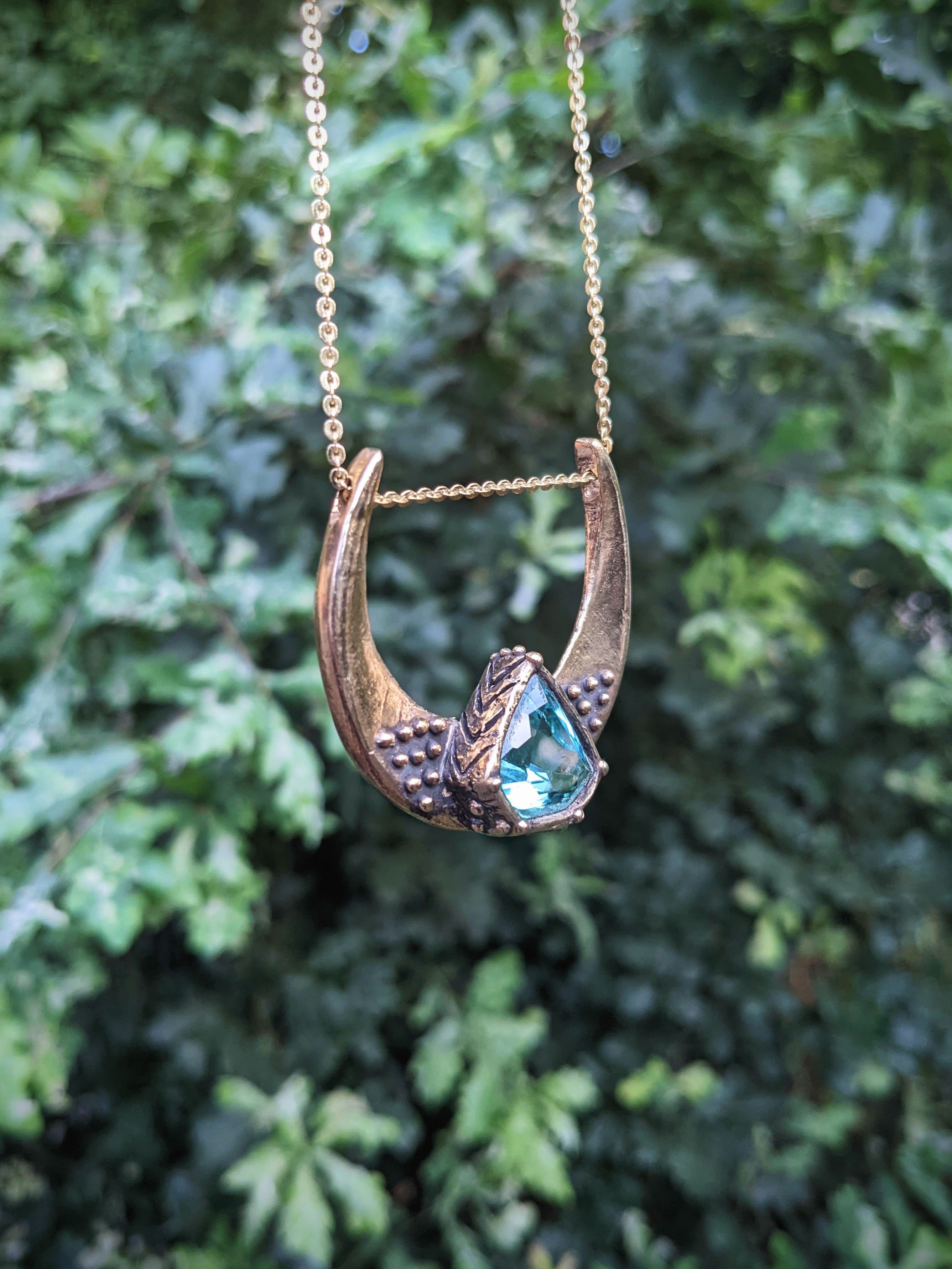 Hofu Luna Necklace, Aqua Sapphire and Bronze.