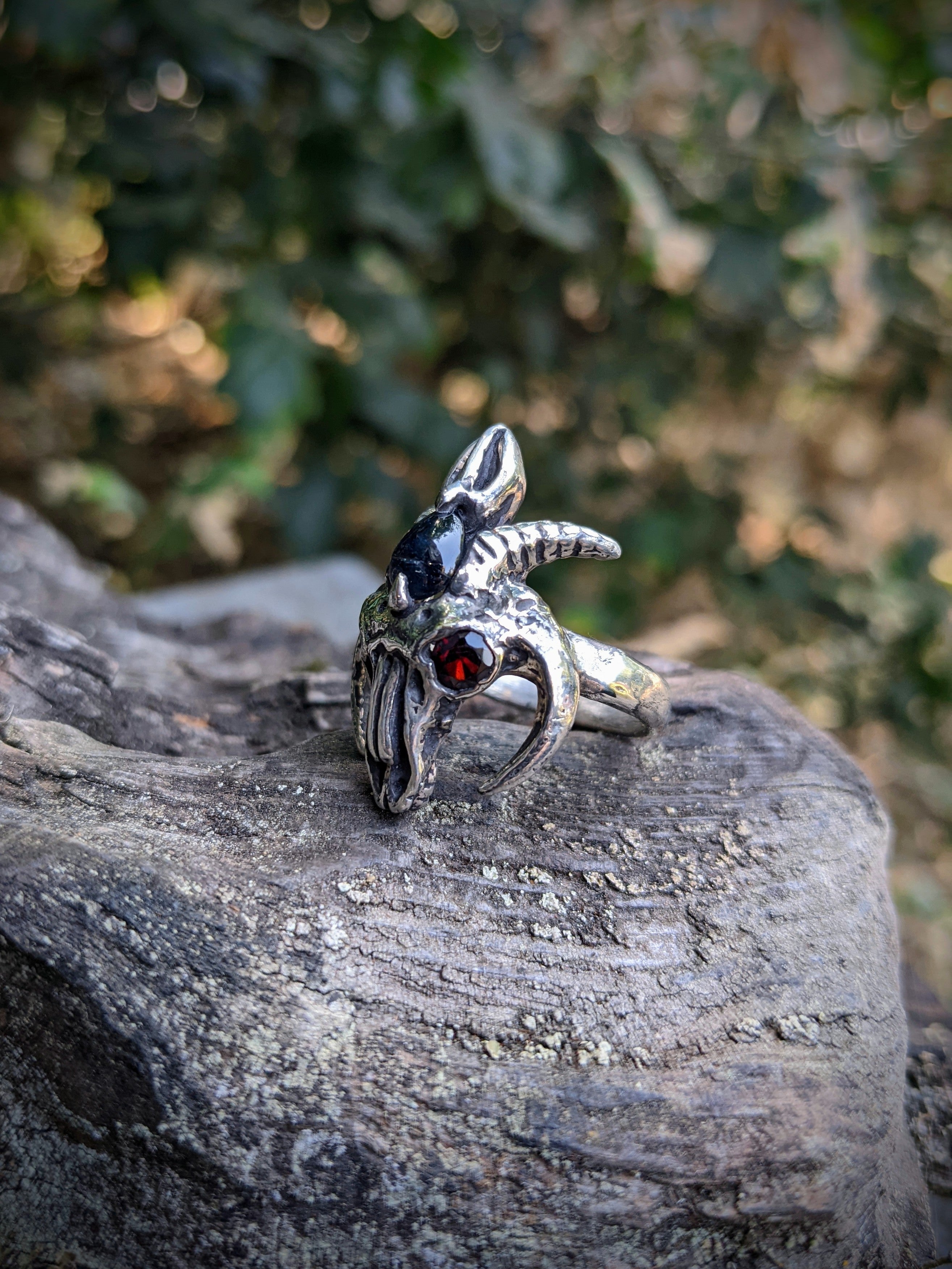 Sale- Holy Goat Ring, Sapphire and Garnet, size 8.