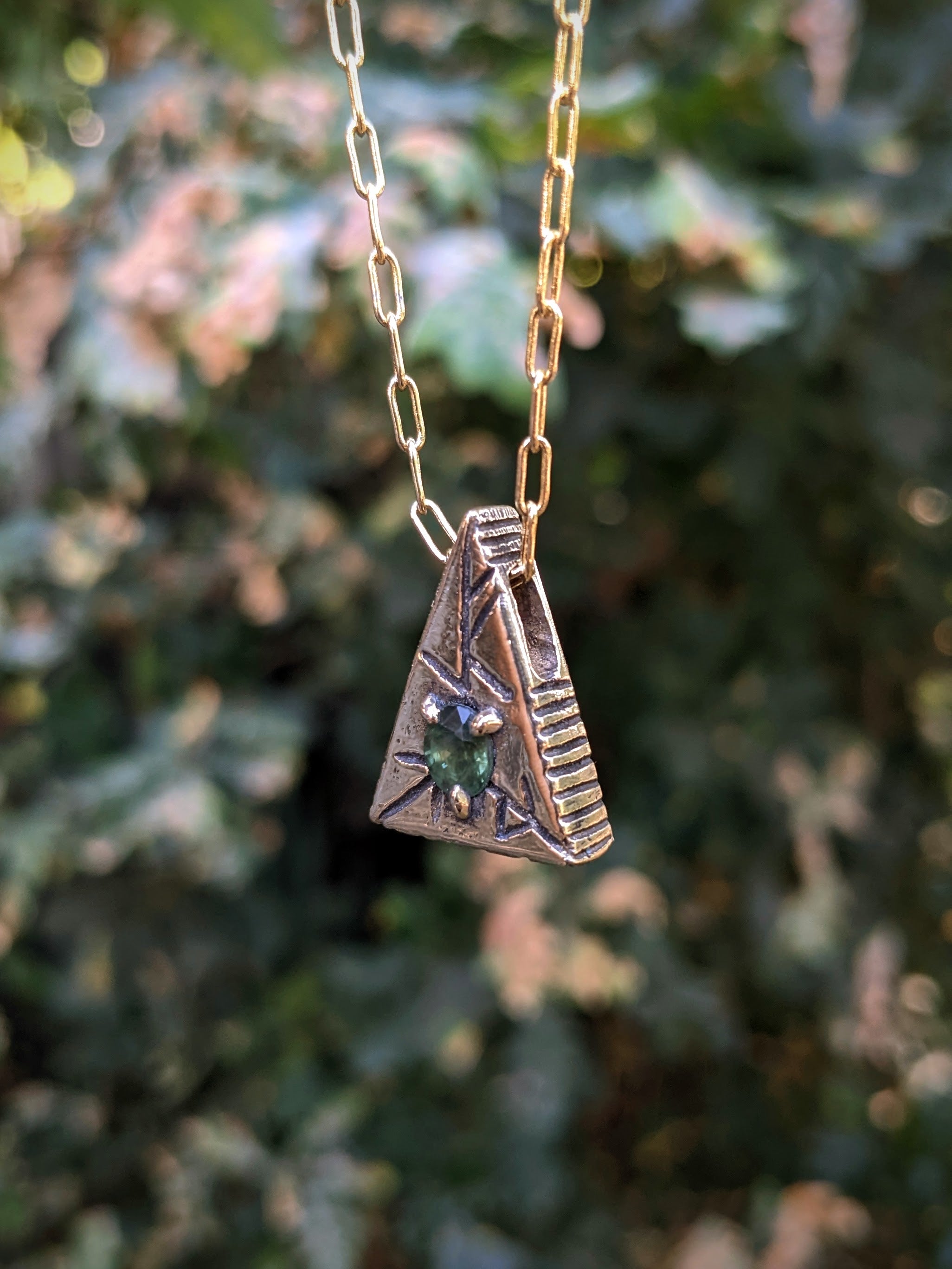 FVCK Pyramid Necklace, Green Sapphire.