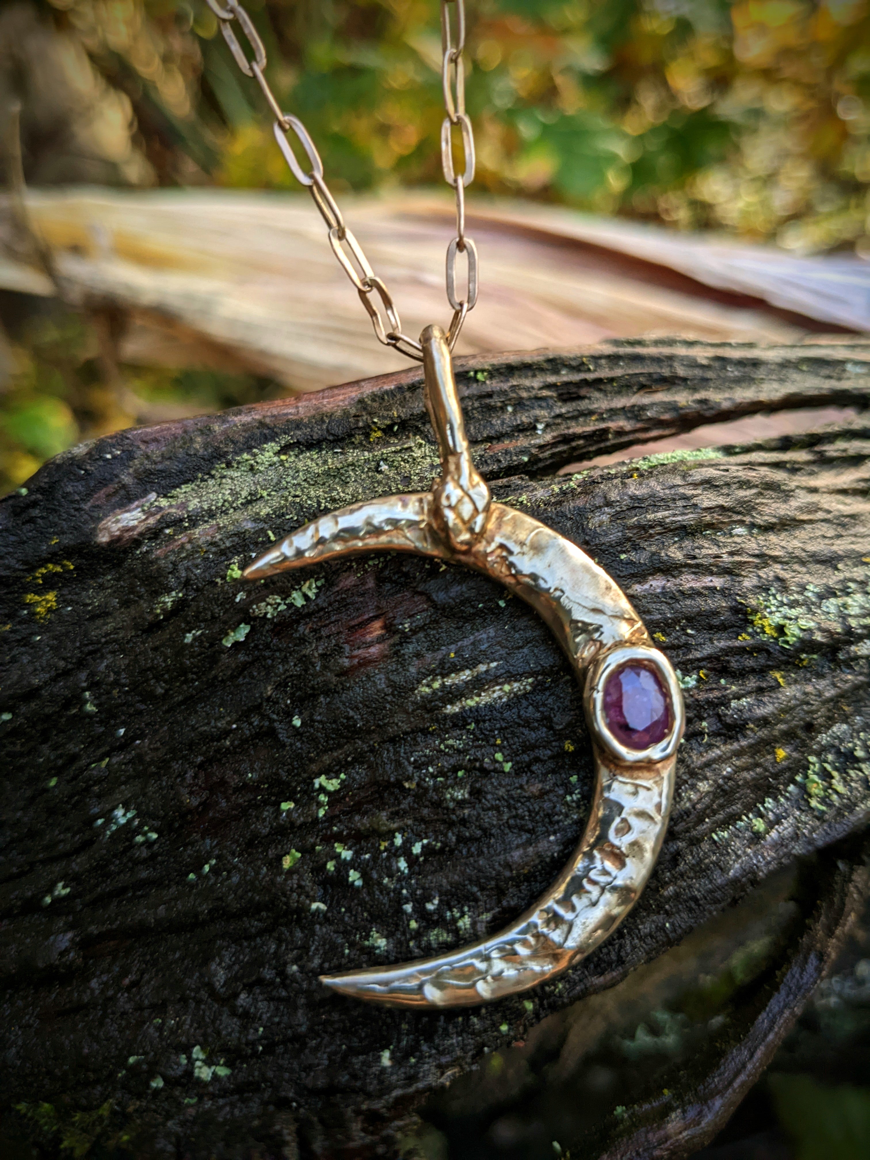 Selene Crescent Necklace, Brass and Fluorescent Sapphire.
