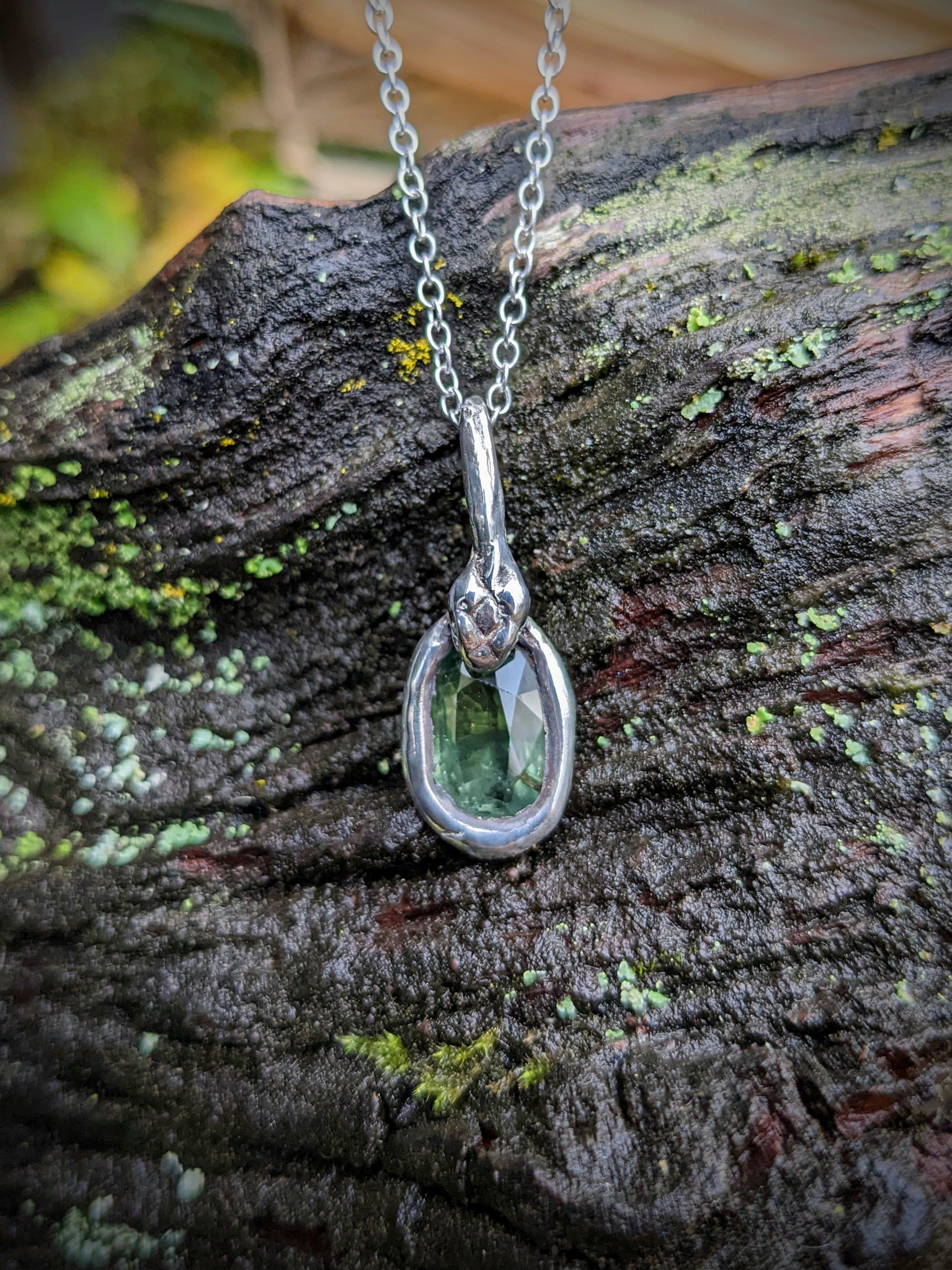 Serpent's Egg Necklace, Sterling and Green Sapphire