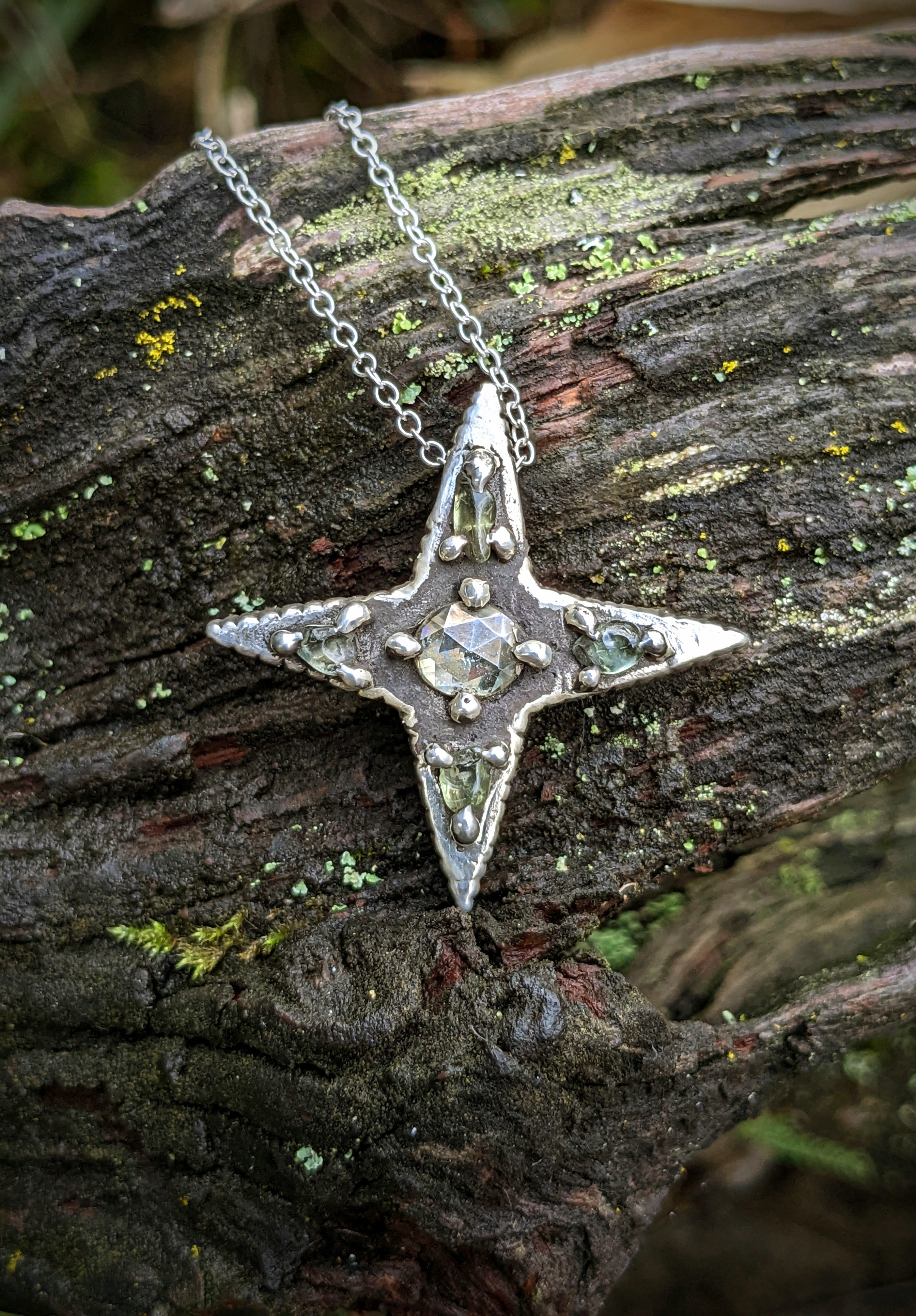 Morningstar Necklace, Sterling, Moissanite and Sapphire