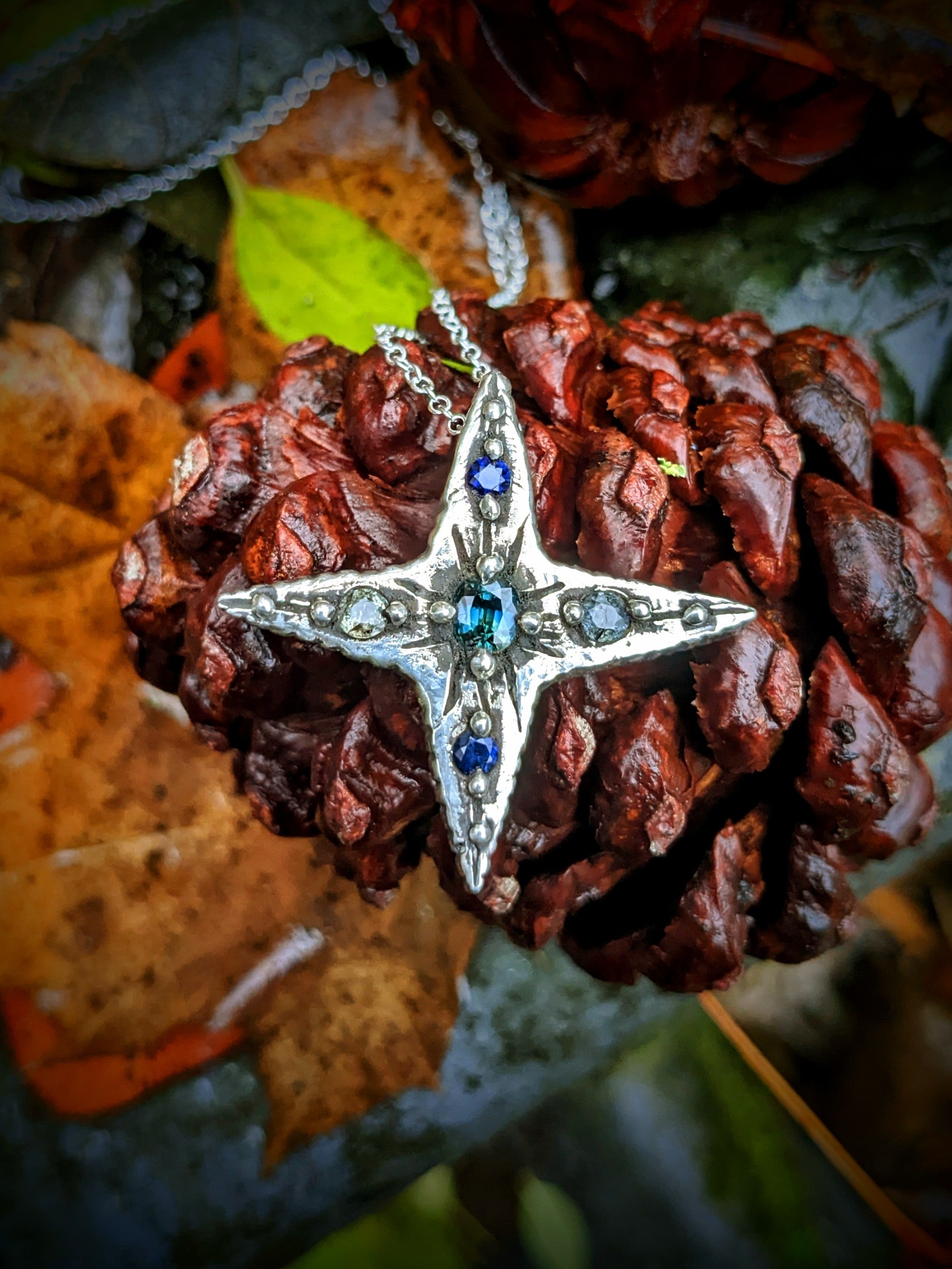 Morning Star Neckace, Sterling and Sapphires.