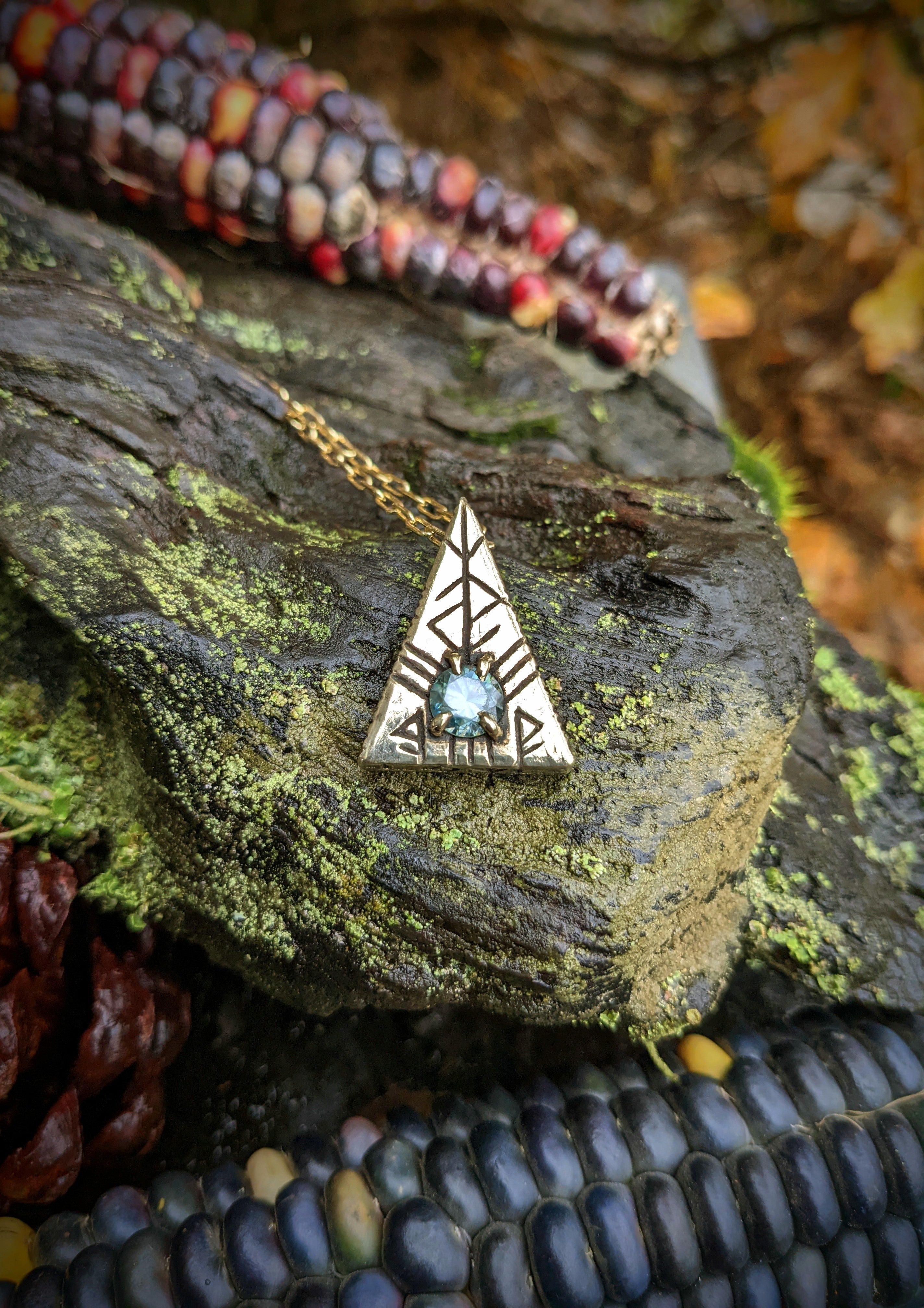 Pyramid of Love, Brass and Teal Moissanite.
