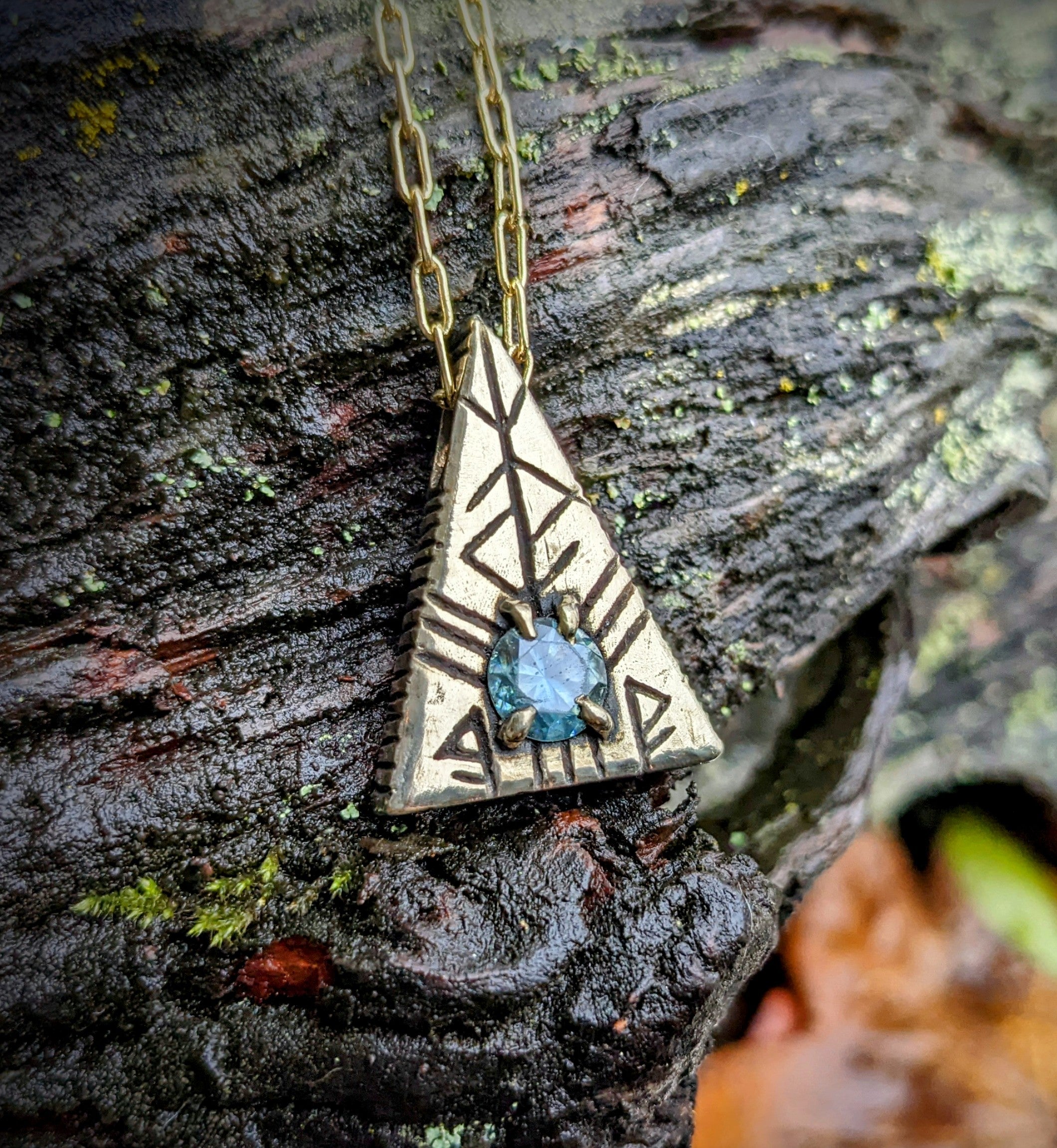 Pyramid of Love, Brass and Teal Moissanite.