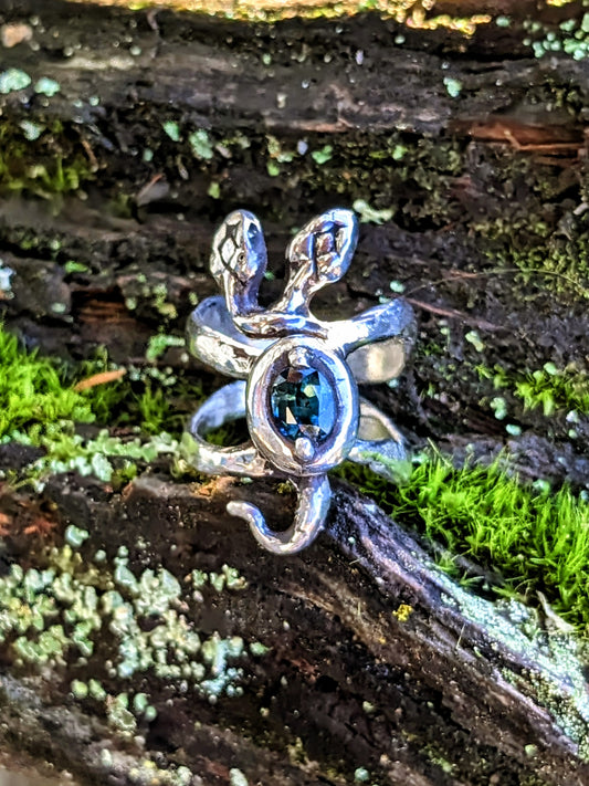 Two Headed Snek, Sterling and Blue Green Sapphire, 5.