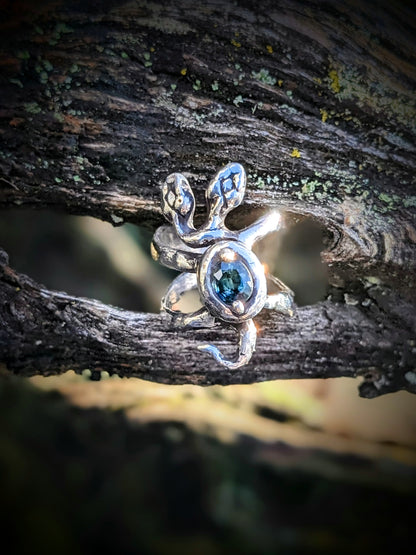 Two Headed Snek, Sterling and Blue Green Sapphire, 5.