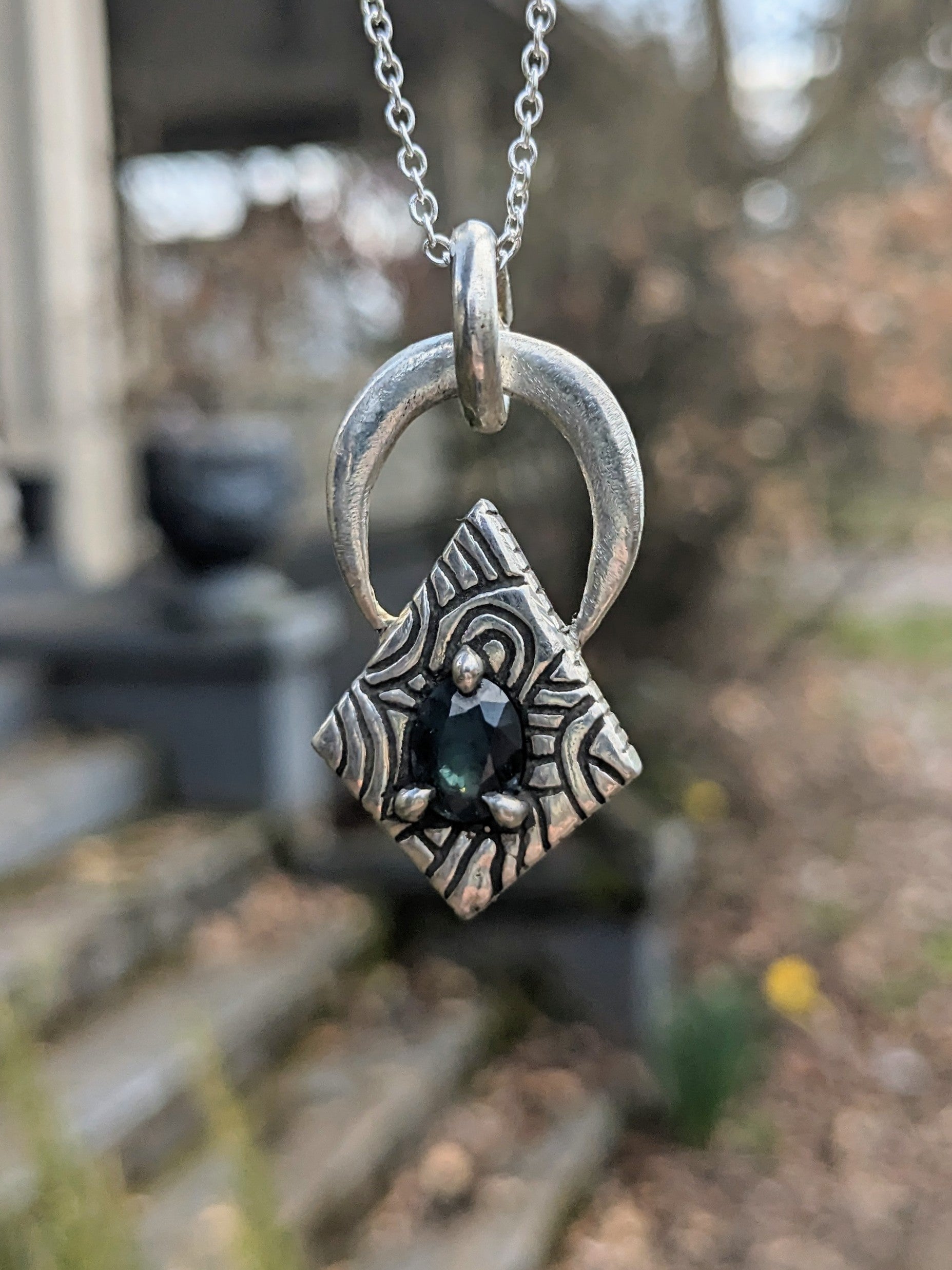 Suminagashi Necklace, Sterling and Teal Sapphire