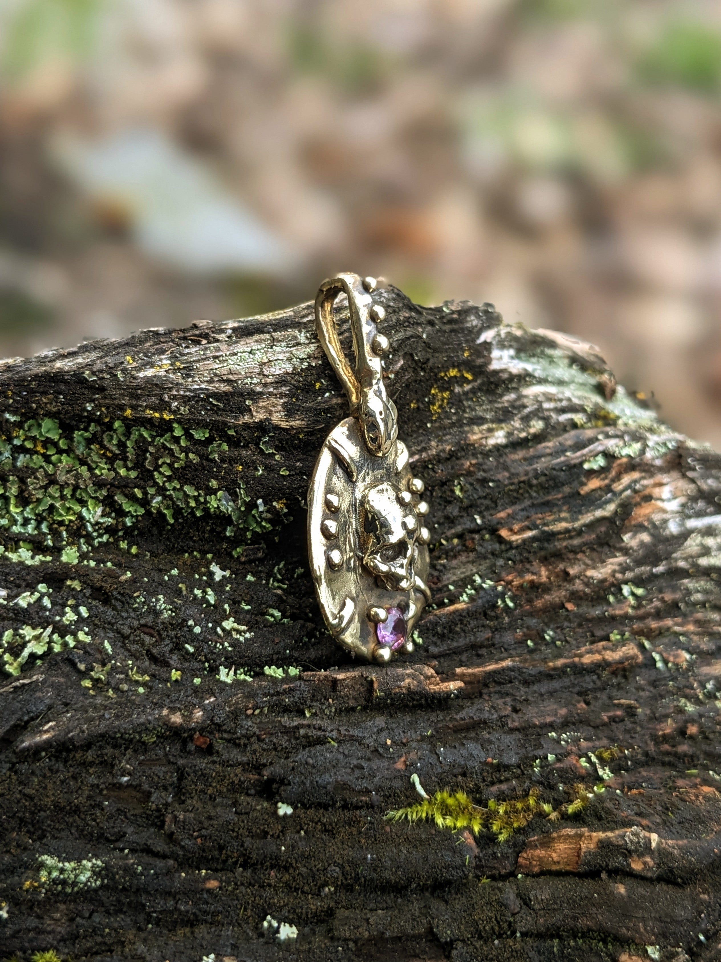 Remembrance Charm, Brass and Pink Sapphire